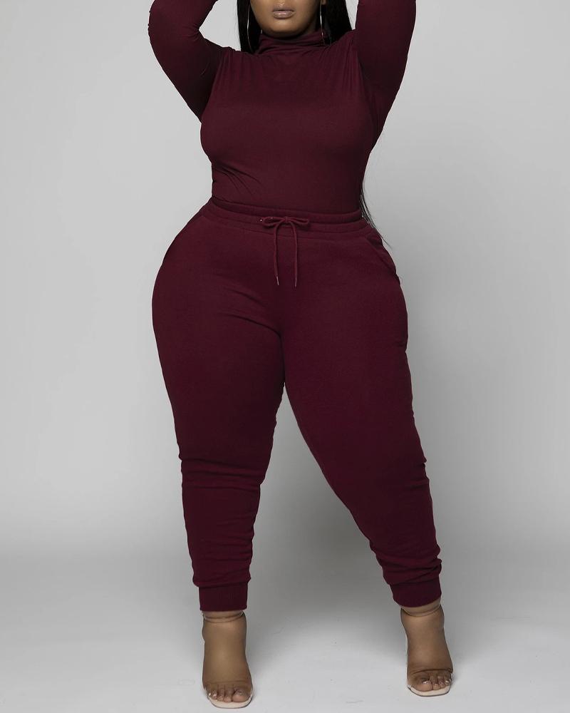 

Plus Size Long Sleeve High Neck Top & Pants Set, Wine red