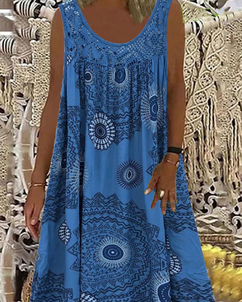 

Vintage Geometric Print Sleeveless Casual Dress, Blue