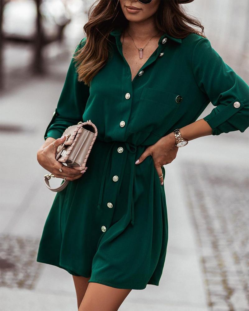 

Roll Up Sleeve Buttoned Shirt Dress, Green