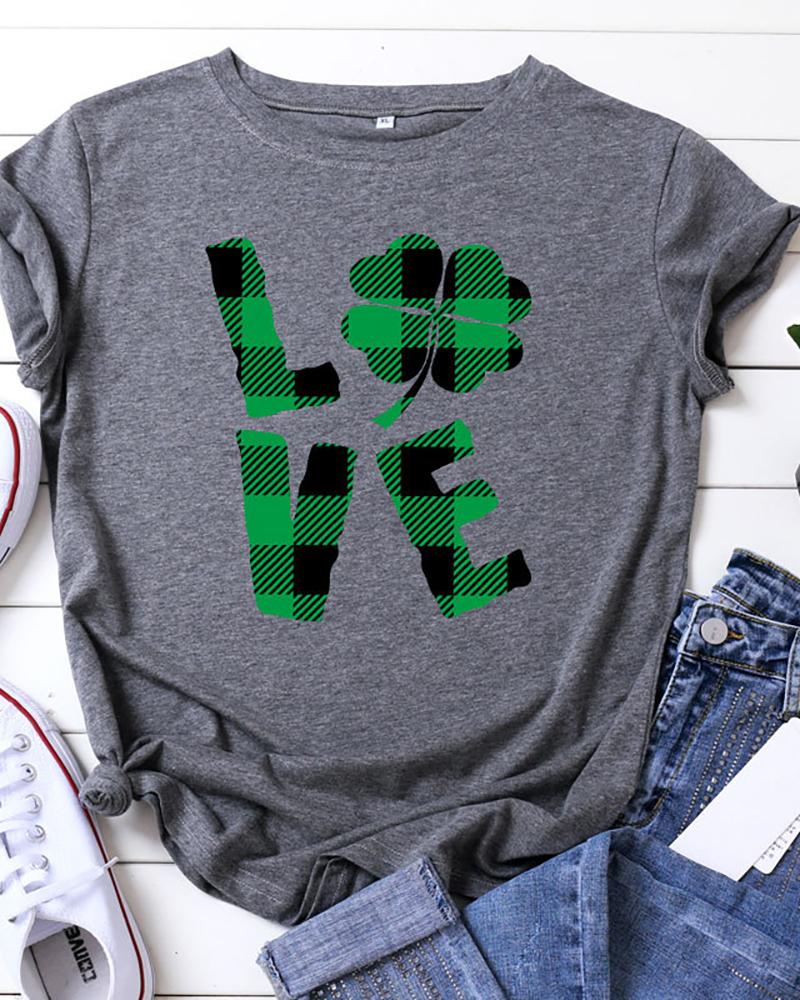 

Plaid & Letter Print Short Sleeve Casual T-shirt, Gray