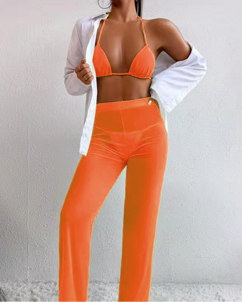 

3PCS Halter Bikini Set With Sheer Mesh Cover Up, Orange