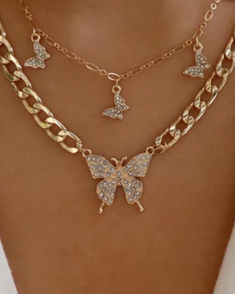 

Multilayer Rhinestone Butterfly Pendant Chain Necklace, Gold