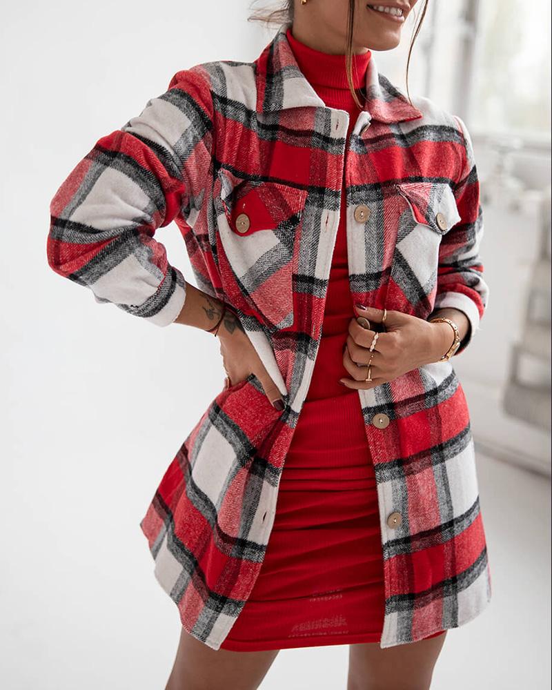 

Long Sleeve Plaid Print Buttoned Pocket Design Shacket, Red