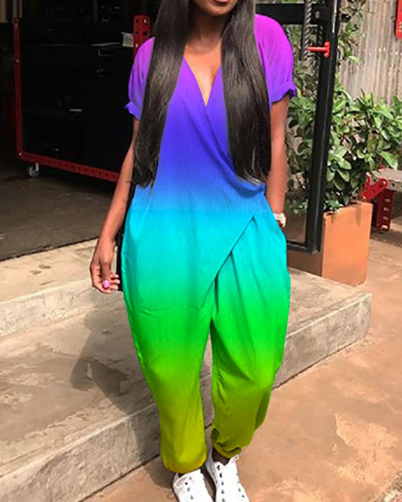 

Ombre Short Sleeve V-Neck Harem Jumpsuit, Green