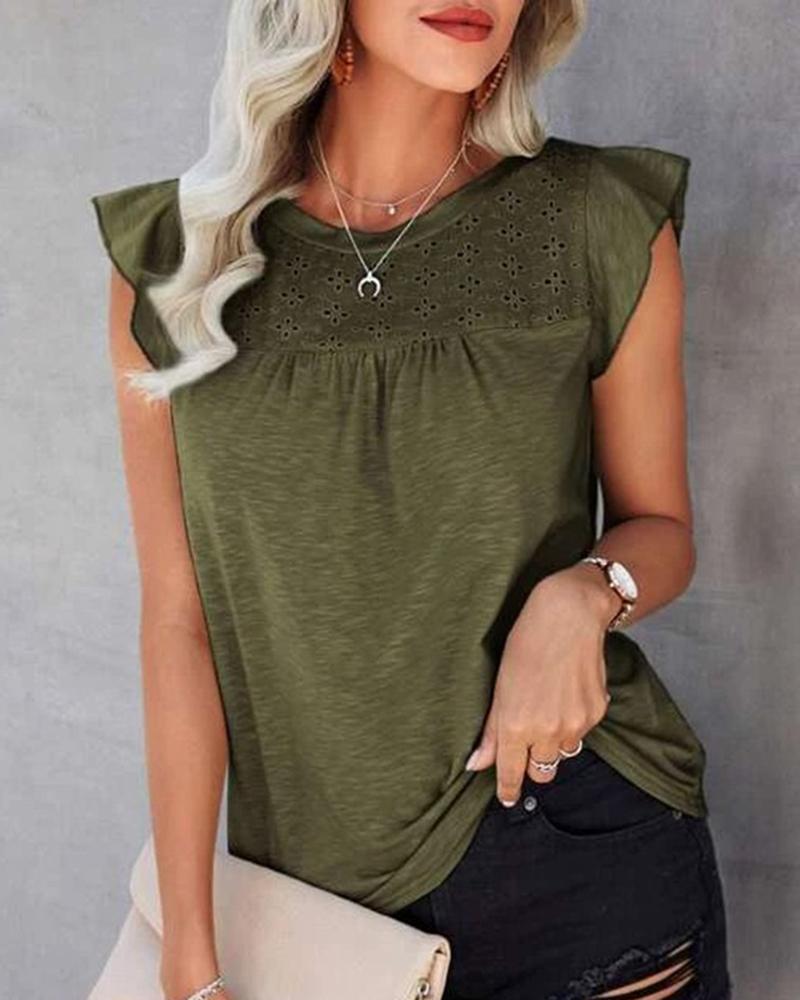 

Flutter Sleeve Eyelet Embroidery Top, Army green