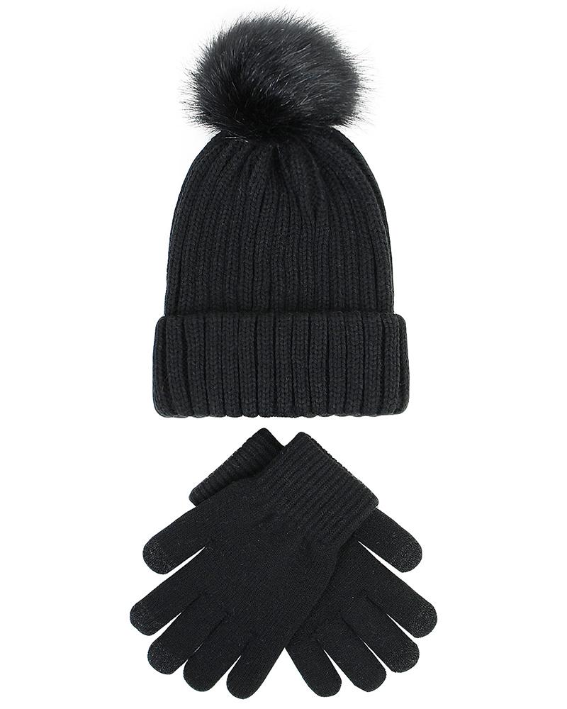 

2PCS Women's Beanie Slouchy Outdoor Home Daily Knit Portable Windproof Comfort Pom Pom Hat & Telefingers Gloves Set, Black