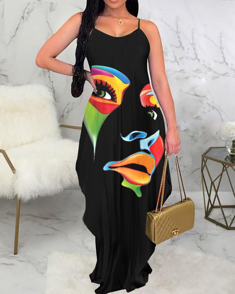 

Abstract Figure Print Spaghetti Strap Maxi Dress, Black