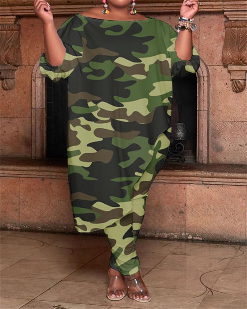 

Plus Size Camouflage Print Asymmetrical Top & Pants Set, Green