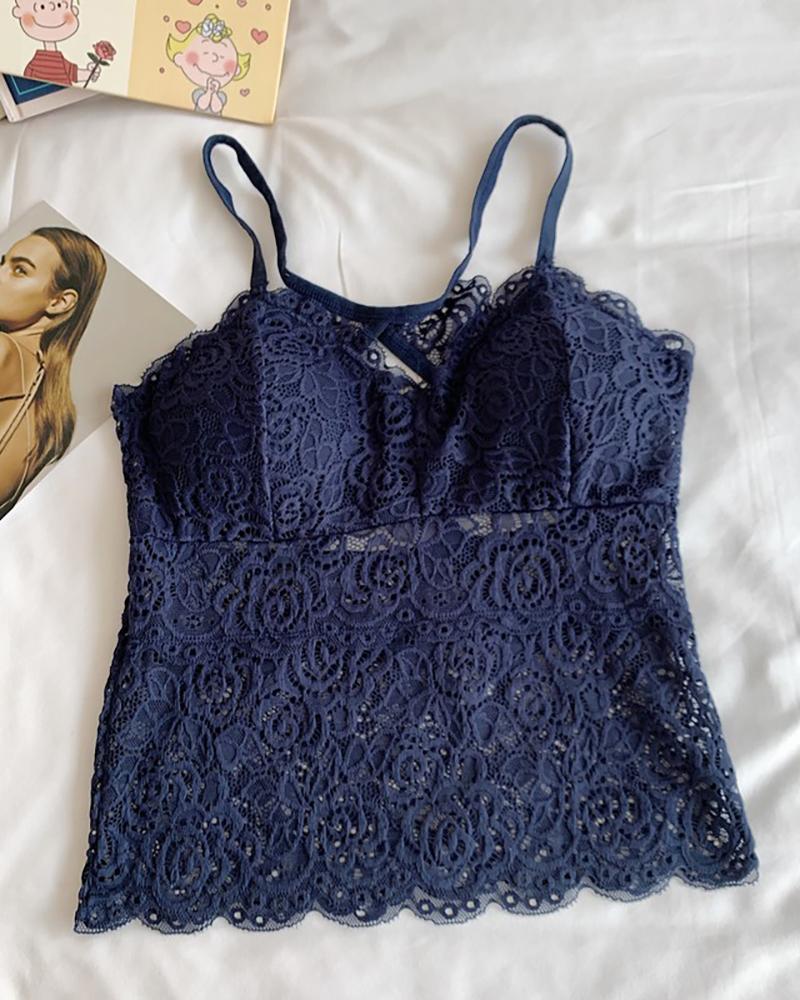 

Lace Solid Spaghetti Strap Top, Blue