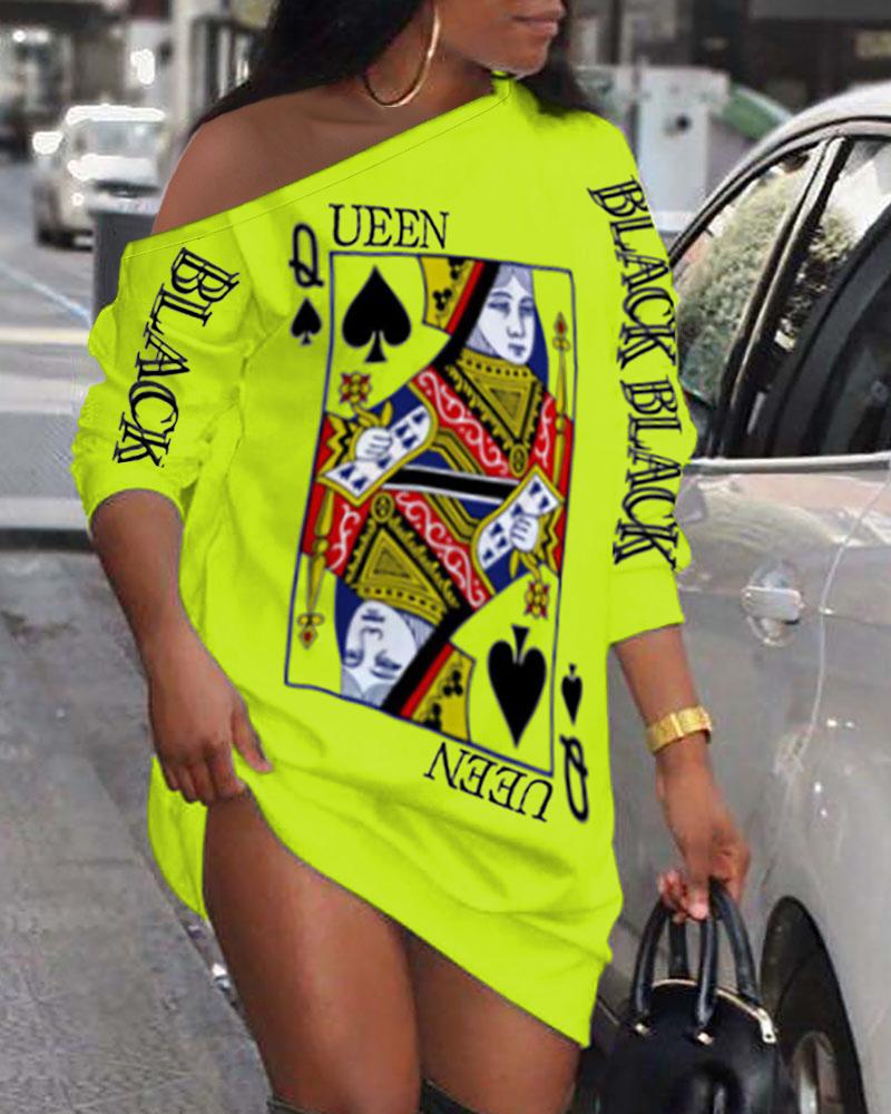 

Plus Size Poker Letter Print Long Sleeve Casual Dress, Lvs green
