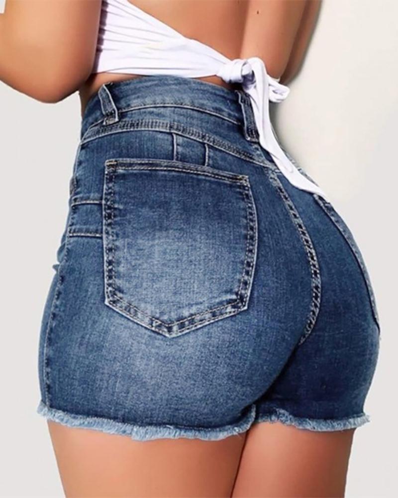 

High Waist Ripped Denim Shorts, Blue