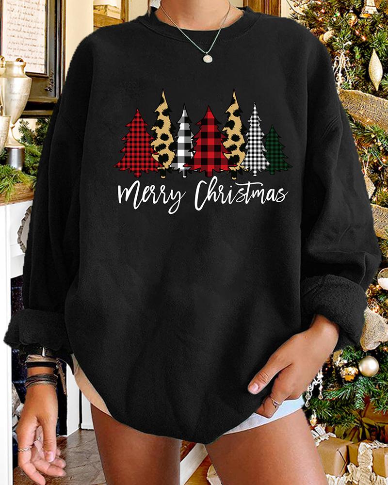 

Christmas Letter Tree Cheetah Plaid Print Long Sleeve Sweatshirt, Black
