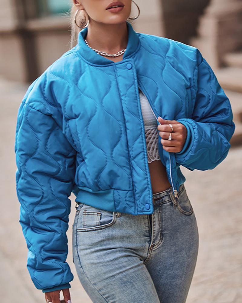 

Quilted Lined Zipper Pocket Design Baseball Jacket, Blue