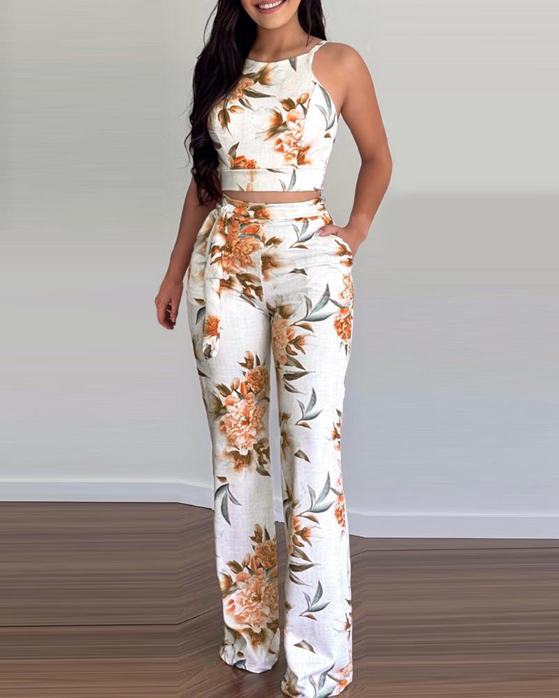 

Floral Print Sleeveless Top & Pants Set, Yellow
