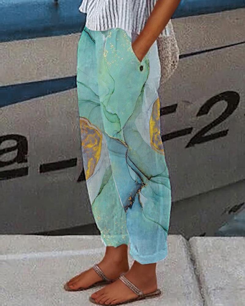 

Marble Print Pocket Design Casual Pants, Green