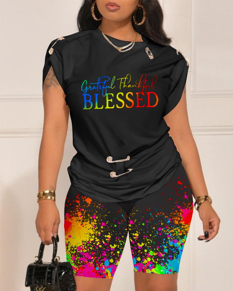 

Grateful Thankful Blesses Ink Splash Print Casual Top & Shorts Set, Black
