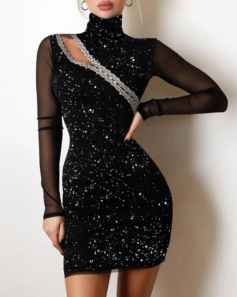 

Metallic Sheer Mesh Cutout High Neck Bodycon Dress, Black