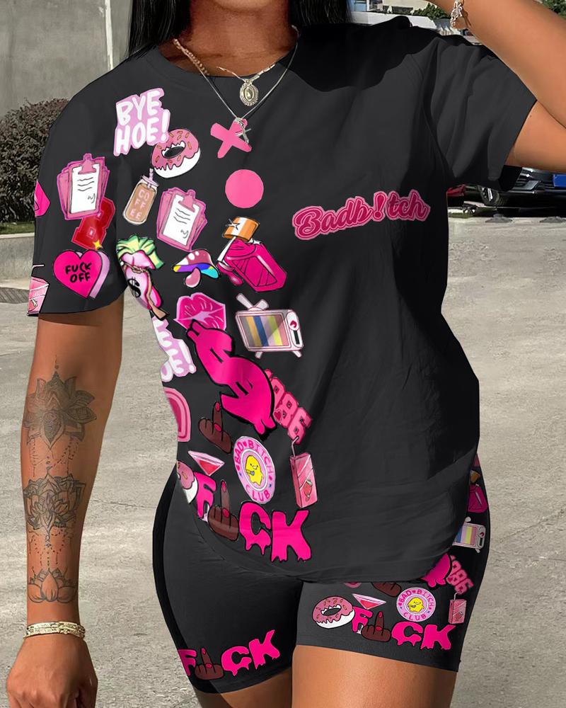 

Graphic Letter Pattern Short Sleeve Top & Shorts Set, Black