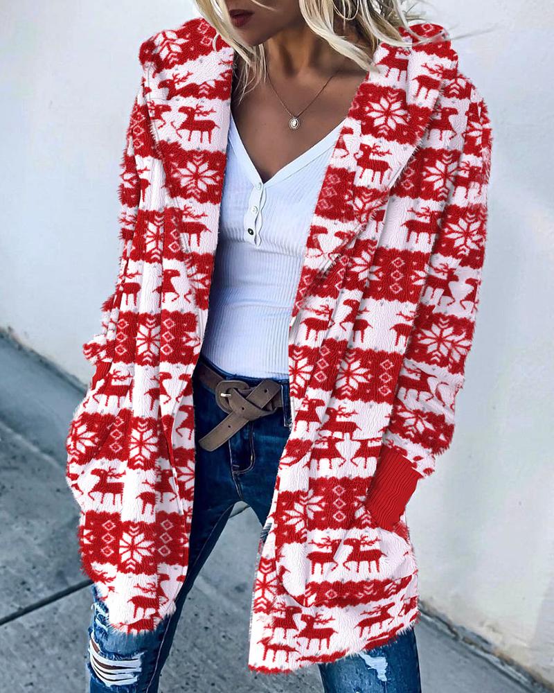 

Christmas Snowflake Elk Print Hooded Teddy Coat, Red