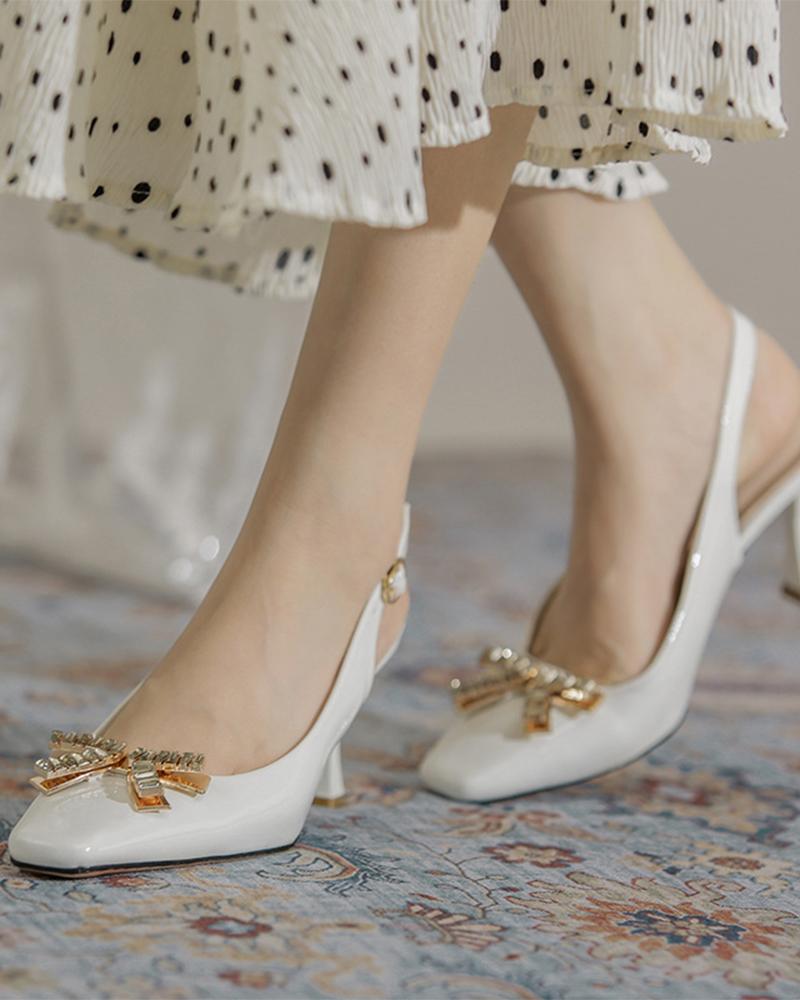 

Square-toe Solid Color Splicing Rhinestone Bow Slingback High Heels, White