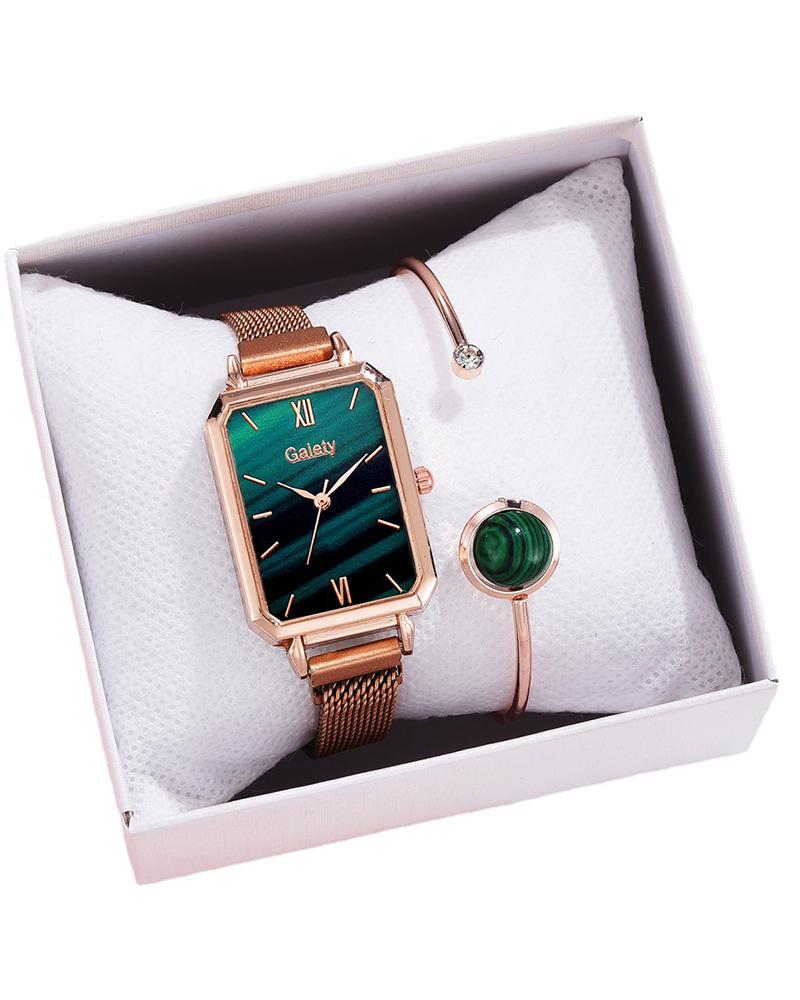 

Stainless Steel Mesh Strap Pointer Quare Quartz Watch & Bracelet Set, Green