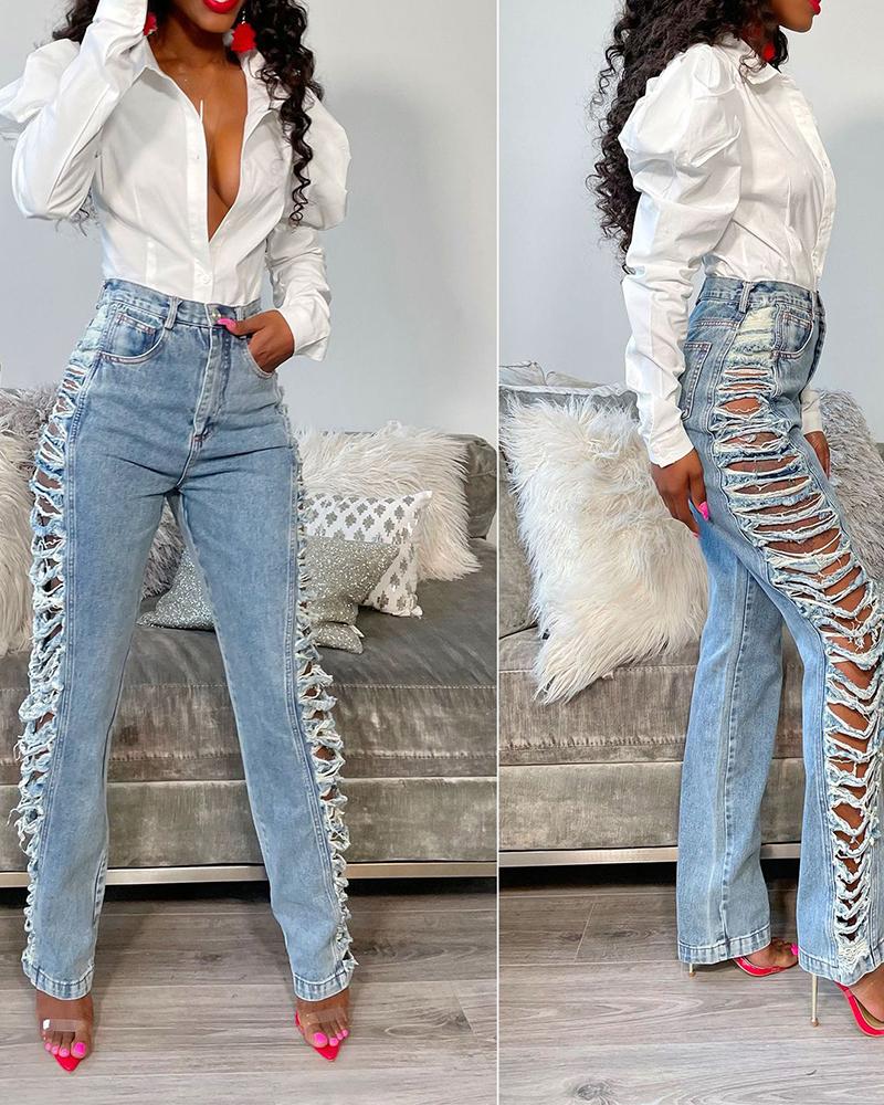 

High Waist Cutout Ripped Jeans, Blue