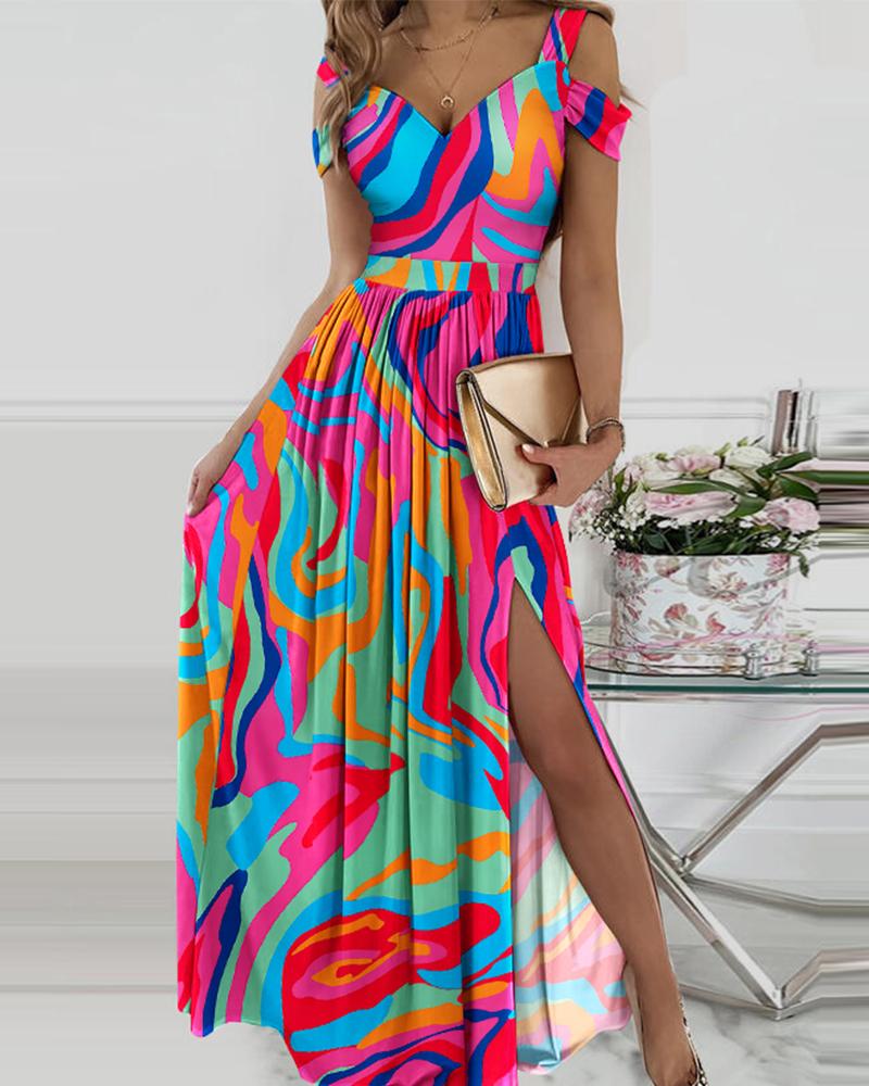 

Abstract Print Cold Shoulder High Slit Maxi Dress, Multicolor