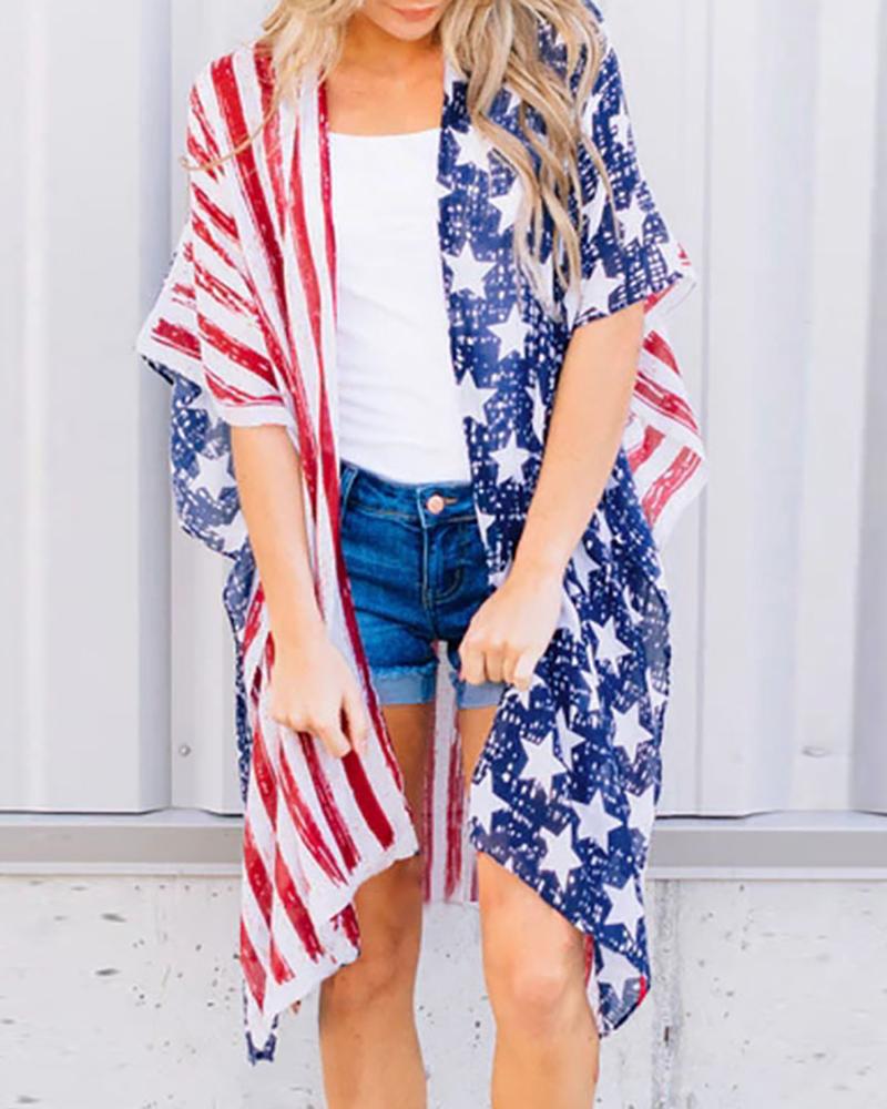 

Flag Print Half Sleeve Casual Cardigan, Dark blue