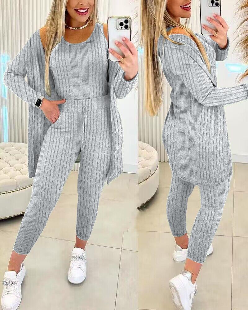 

Round Neck Tank Top & Drawstring Pants Set With Coat, Gray