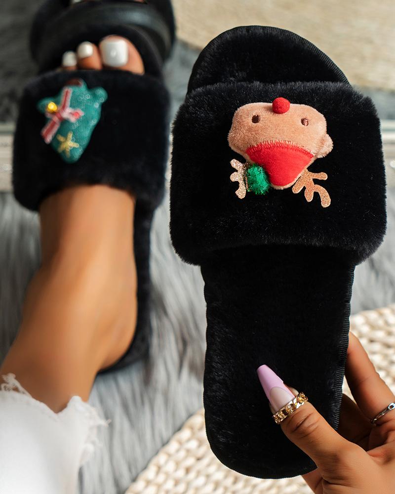 

Christmas Elk Tree Pattern Fluffy Slippers, Black
