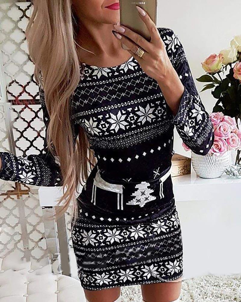 

Christmas Mixed Print Long Sleeve Bodycon Dress, Black