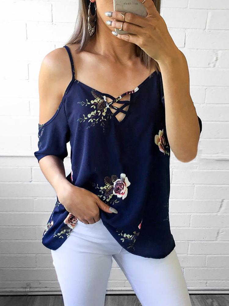 

Spaghetti Strap Open Shoulder Floral Blouse, Dark blue