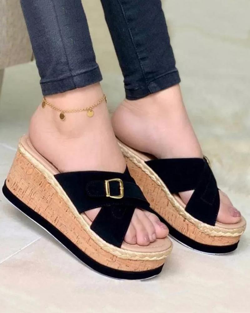 

Cross Strap Buckled Platform Slippers, Black