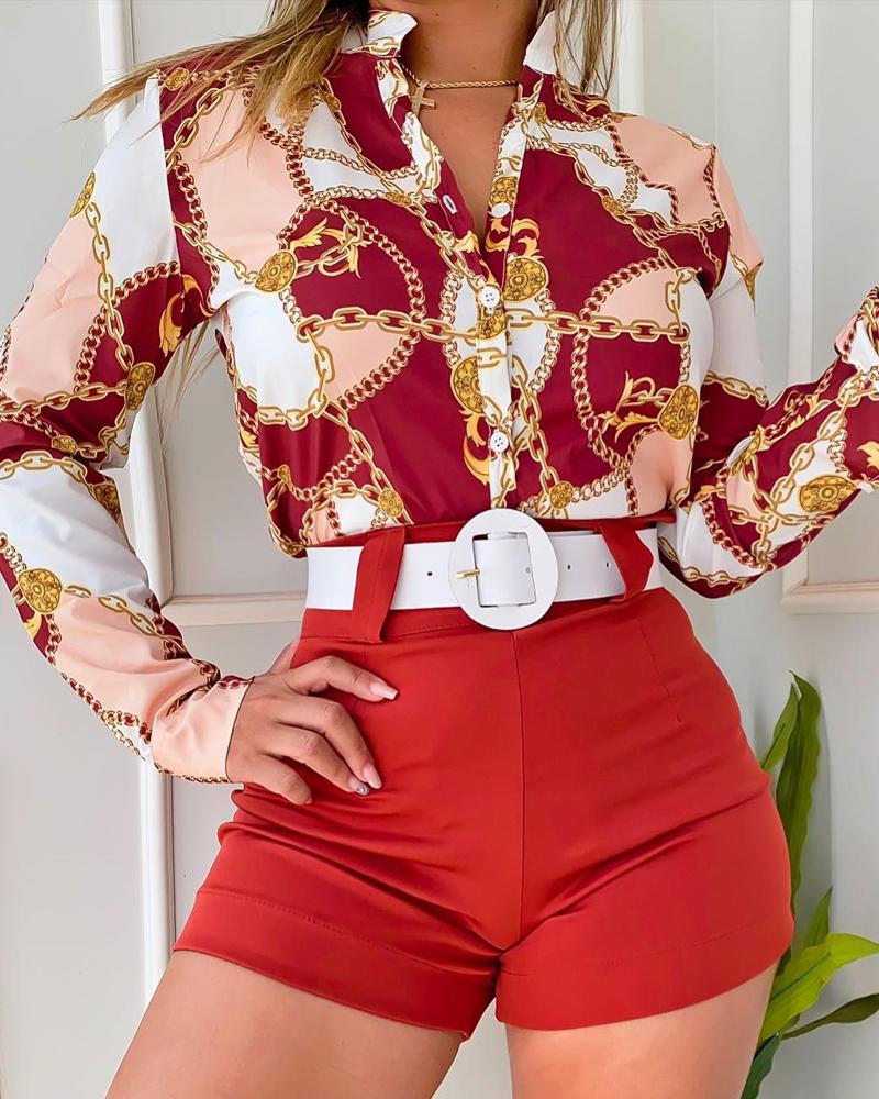 

Scarf Chain Print Long Sleeve Shirt & Shorts Set, Red