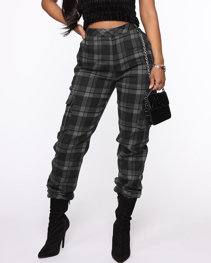 

Pocket Design Plaid Print Chain Decor Harem Pants, Gray