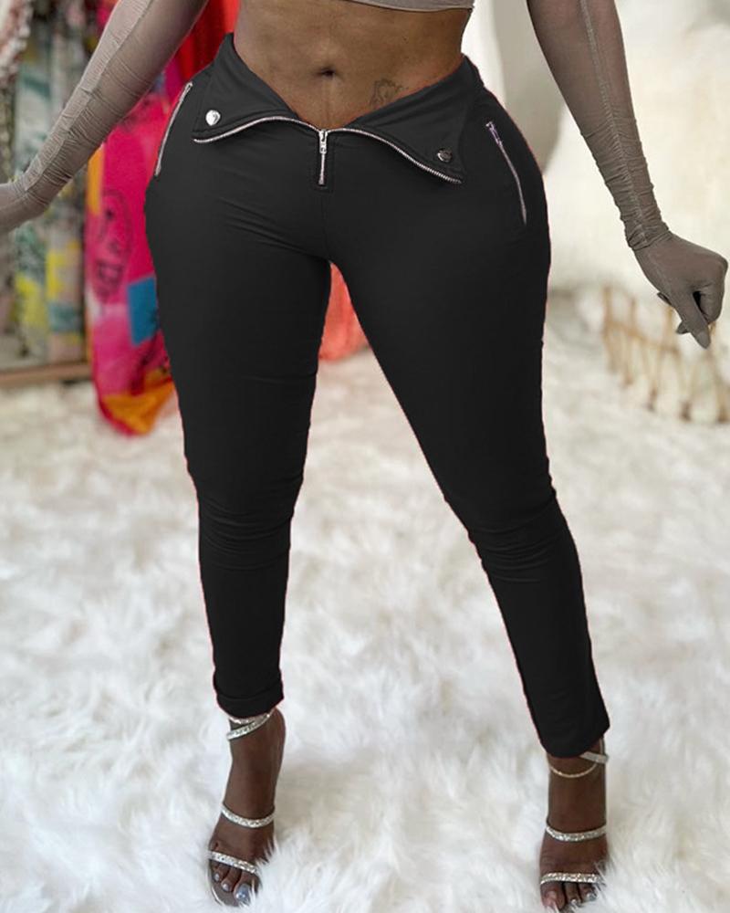 

Zipper Pocket Design PU Leather Pants, Black