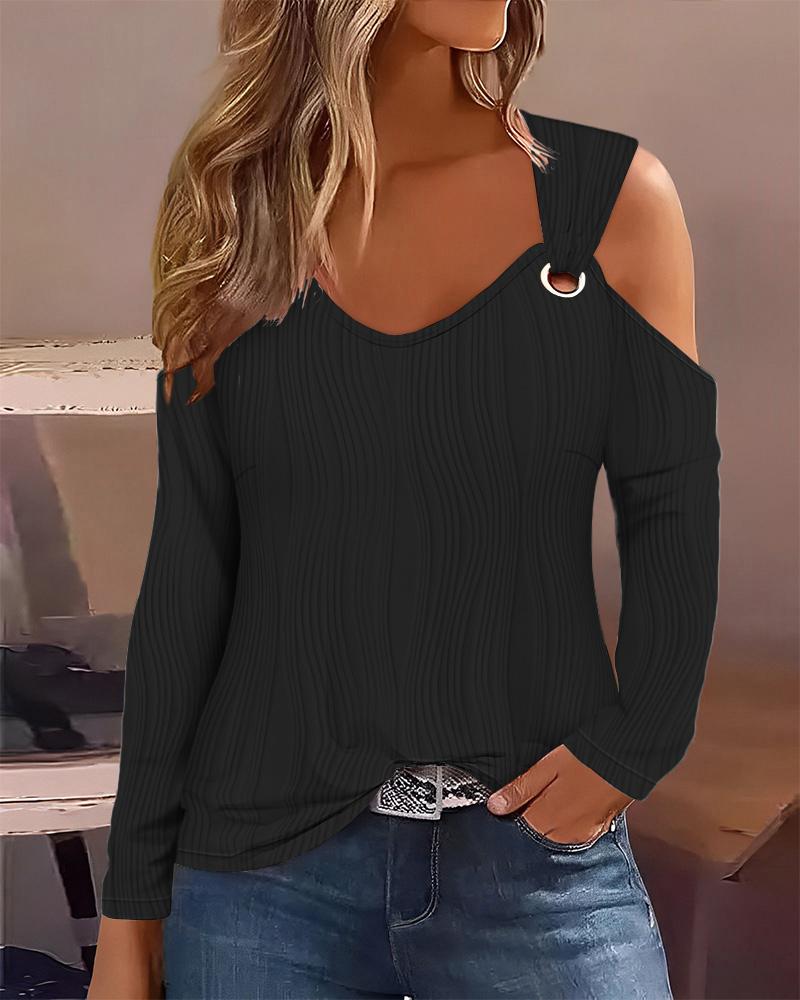 

Cold Shoulder Eyelet Textured Casual Top, Black