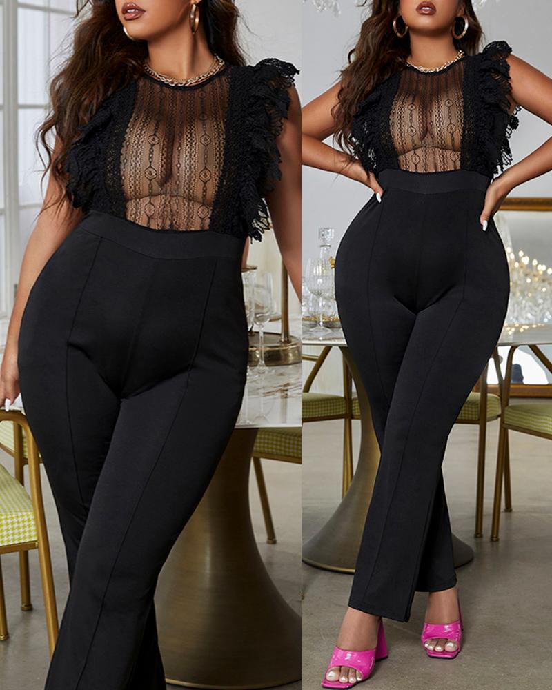 

Contrast Lace Ruffle Hem Jumpsuit, Black