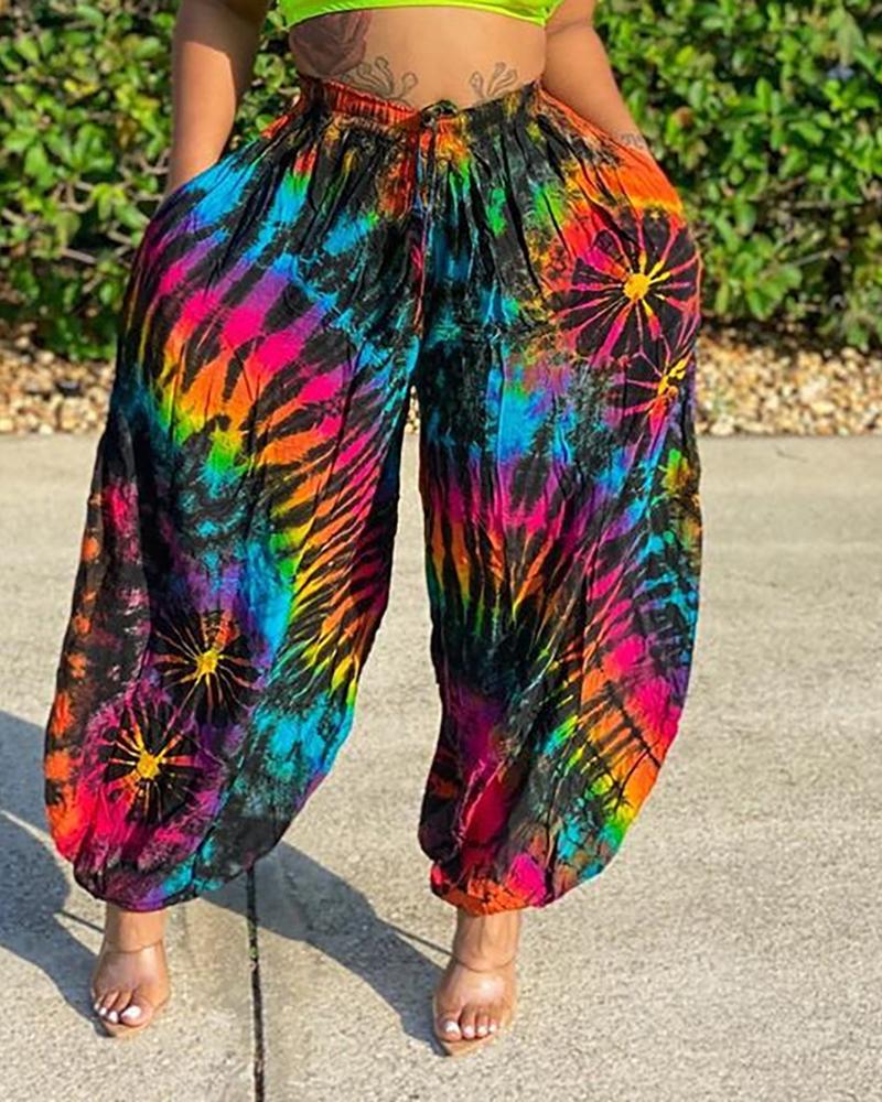 

Tie Dye Print Wide Leg Pants, Black