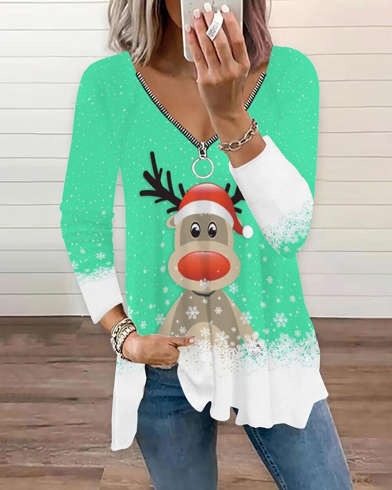 

Christmas Elk Graphic Print Zipper Design Top, Light green