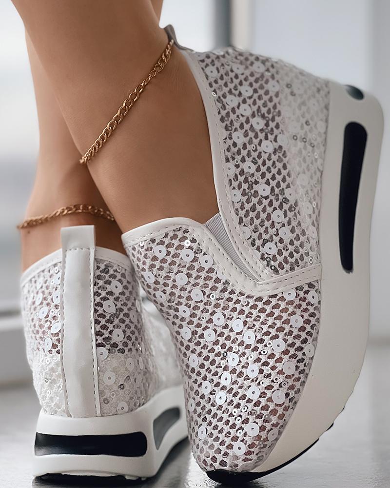 

Sequin Lace Slip On Muffin Sneakers, White
