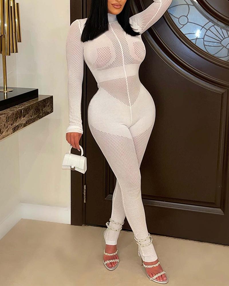 

Mock Neck Hollow Out Jumpsuit, White
