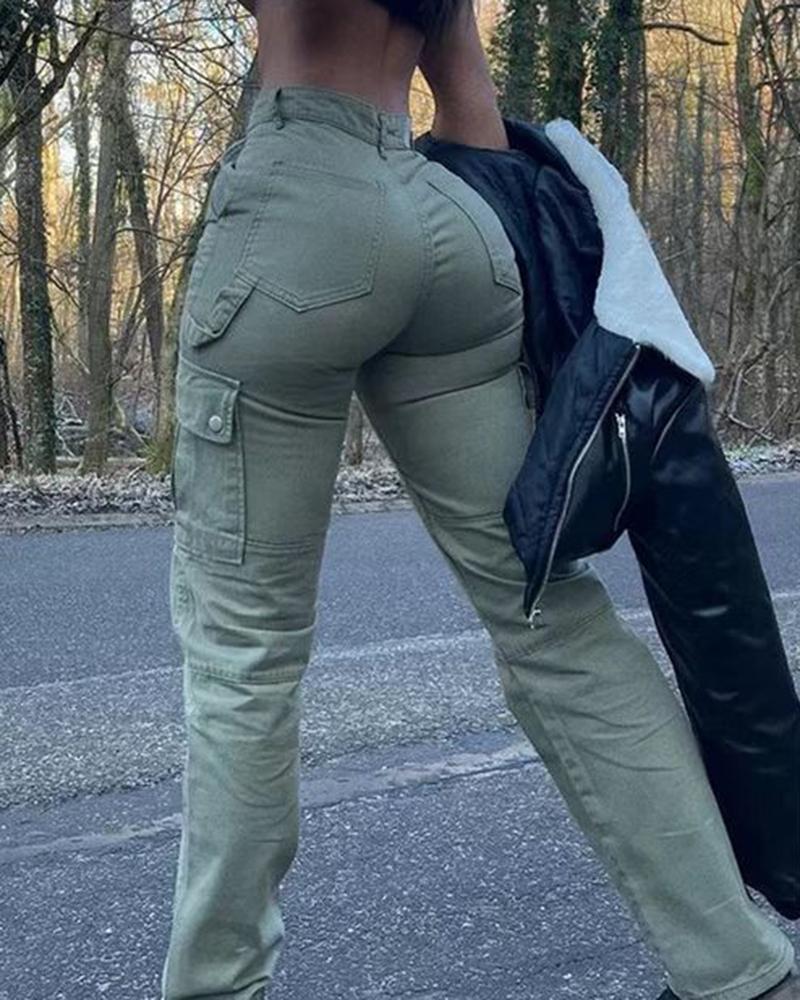 

Pocket Design High Waist Cargo Pants, Green