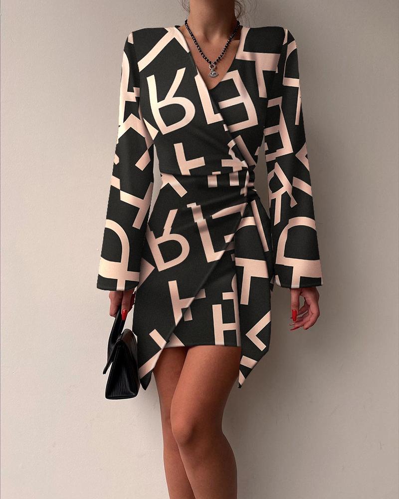 

Letter Print Long Sleeve Wrap Dress, Black