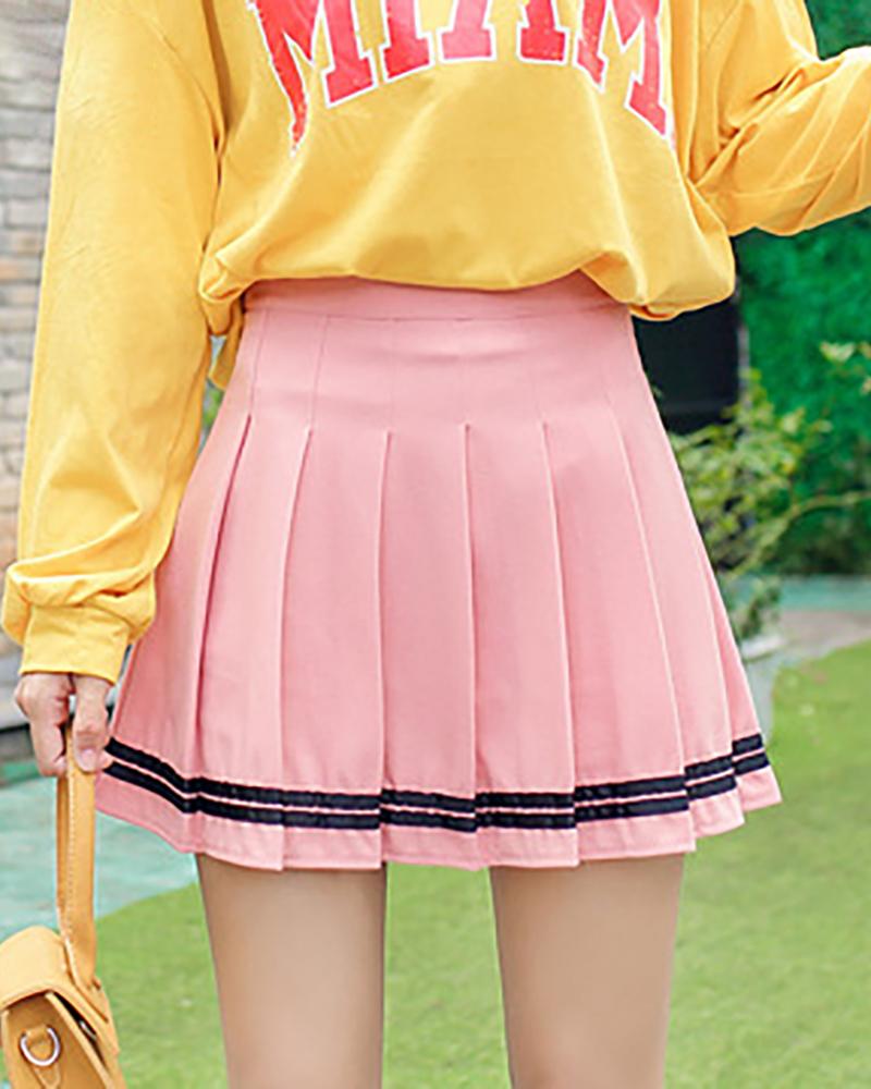 

High Waist Striped Pleated Skirt, Pink