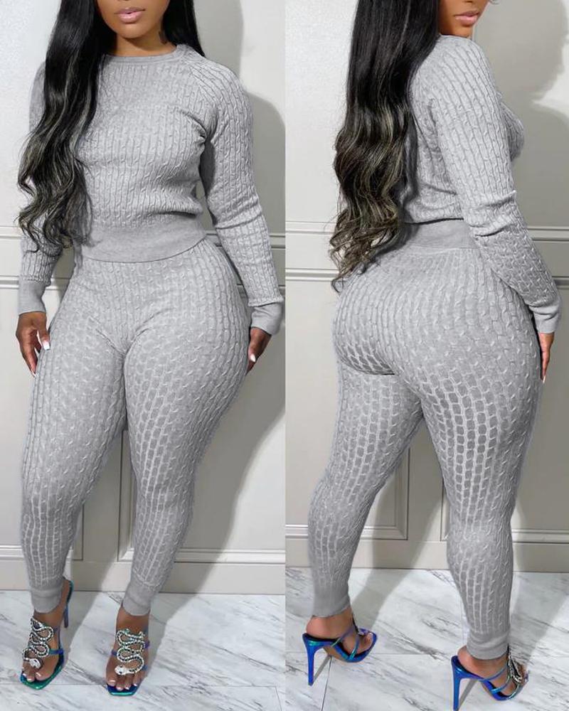 

Long Sleeve Cable Knit Sweater & Pants Set, Gray