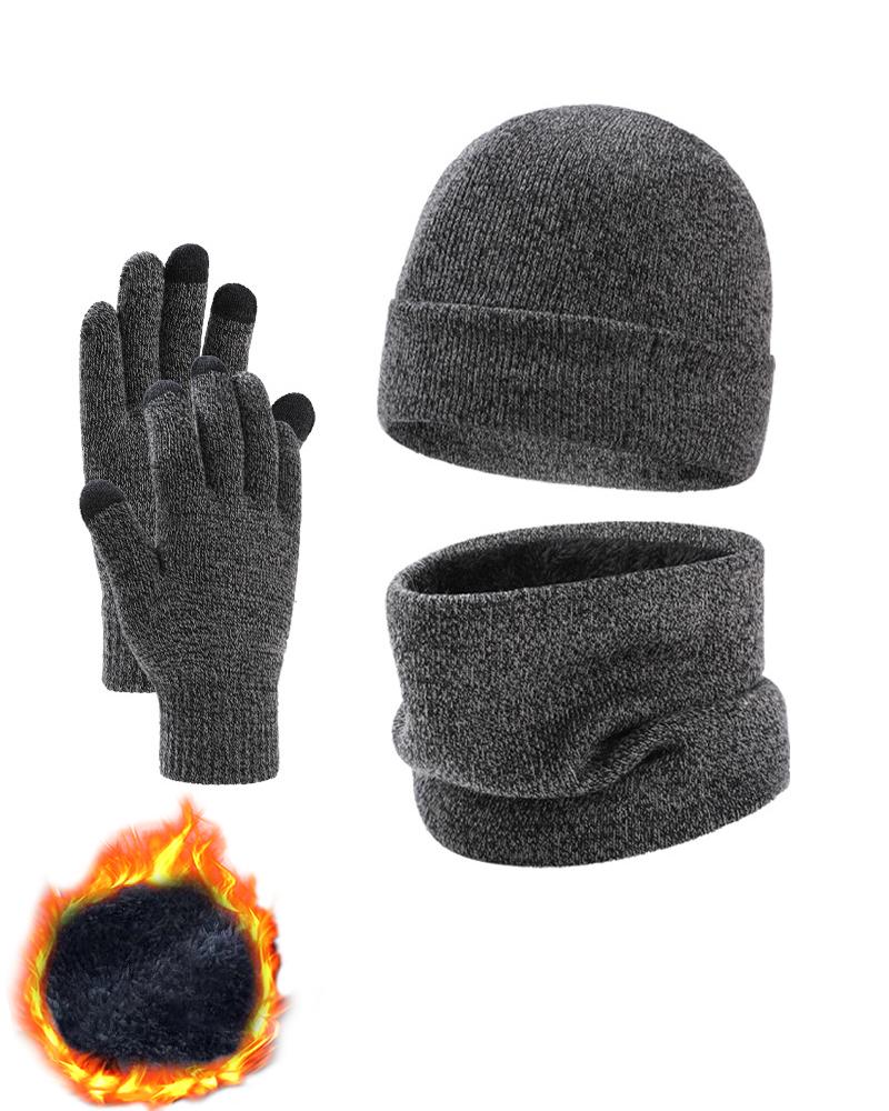 

3PCS Winter Knitted Warm Fleece Lined Beanie Scarf Gloves Set, Gray