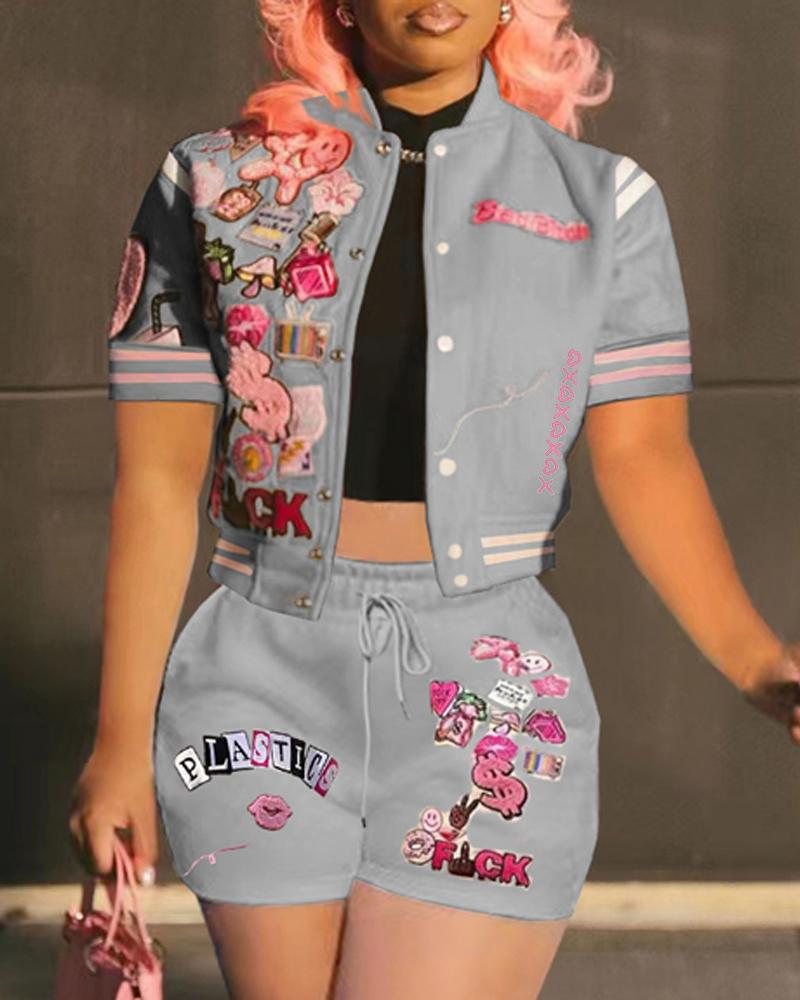 

Letter Graphic Pattern Baseball Top & Shorts Set, Gray
