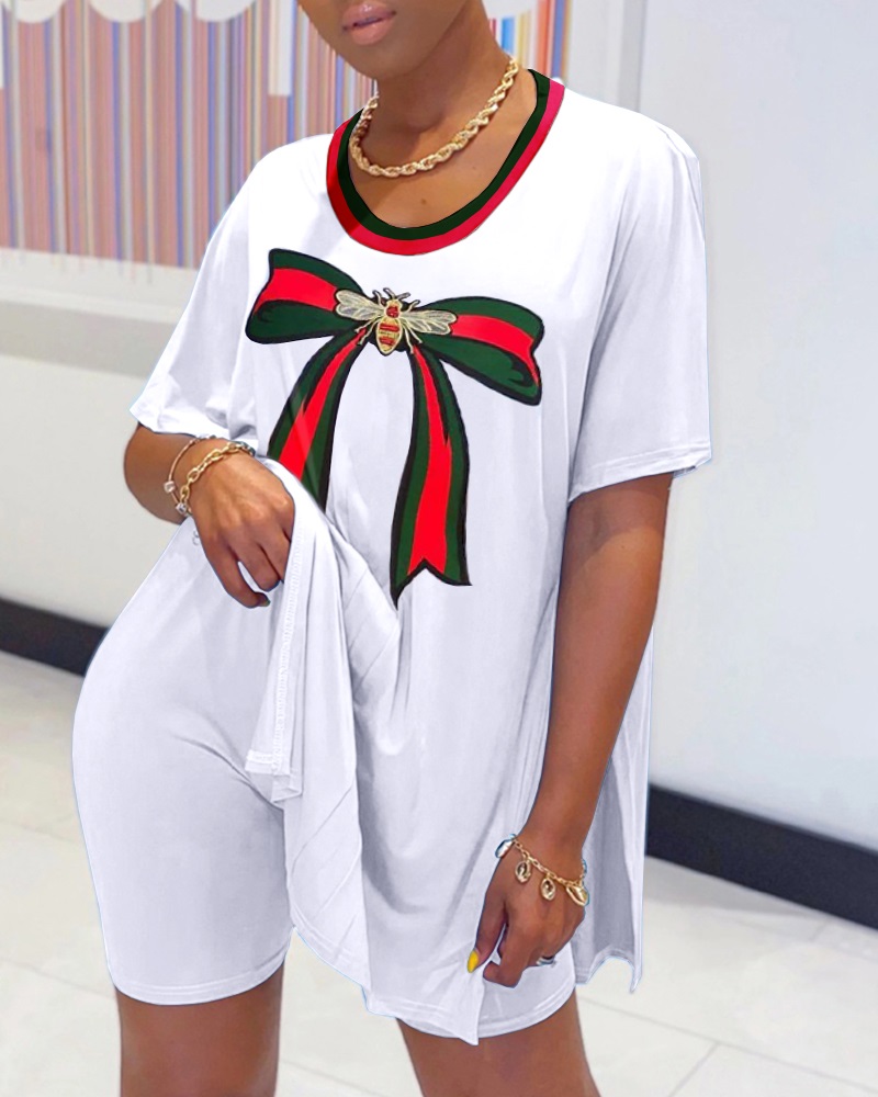 

Colorblock Bowknot Print Short Sleeve Top & Short Set, White