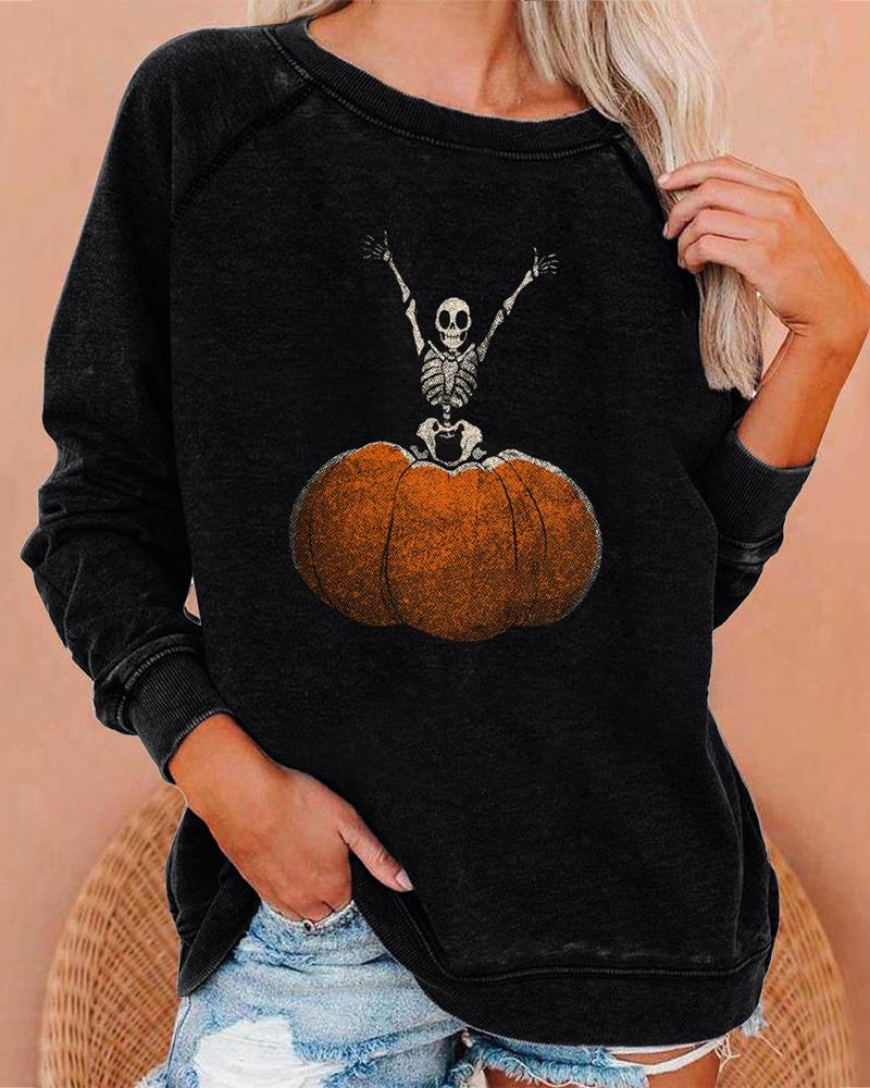 

Plus Size Halloween Skeleton Pumpkin Print Sweatshirt, Black
